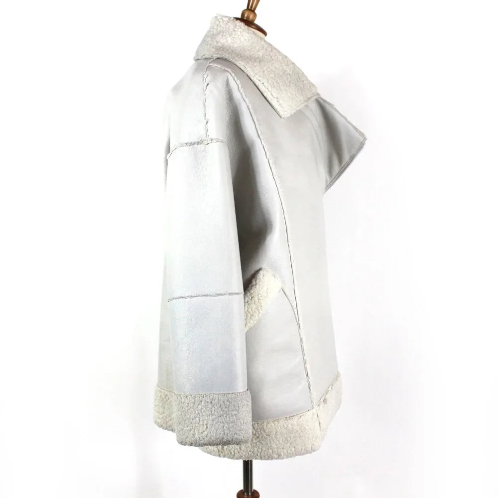 Aeron Pisco Faux Shearling Lined Off White Faux Leather Zip Biker Jacket M NEW
